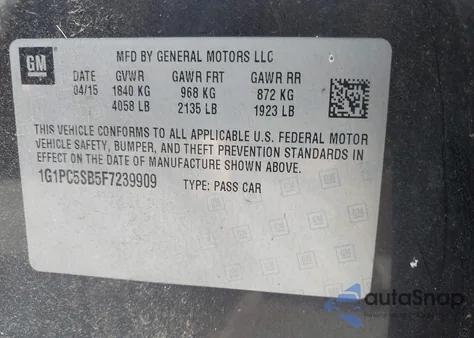 2015 Chevrolet Cruze 1Lt Auto z USA, uszkodzony, nr VIN 1G1PC5SB5F7239909